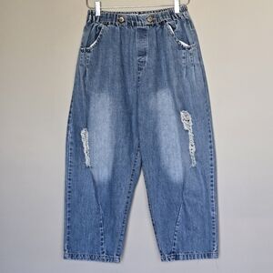 Boho Balloon Barrel Leg Cropped Blue Pull-On Slouchy Distressed Jeans
